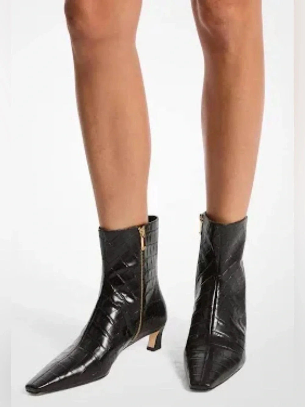MICHAEL Michael Kors Black Croc-Embossed Pointed Ankle Booties with Gold Zip